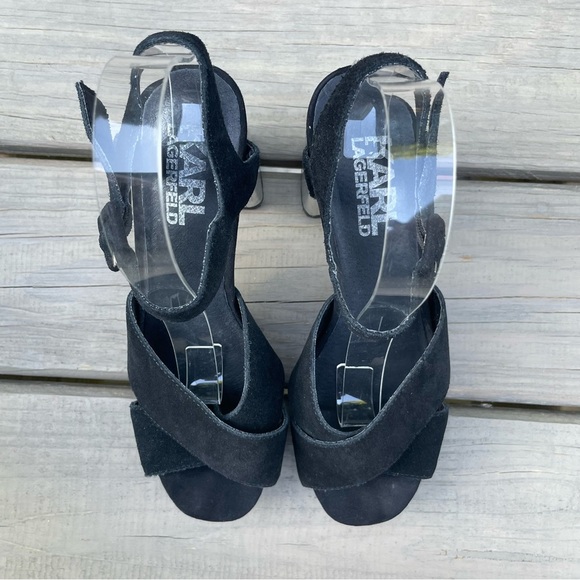 Karl Lagerfeld black suede & silver chunky heel platform ankle strap sandals 38 - Picture 7 of 16